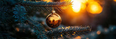 Golden Christmas Ornament Hanging on a Fir Tree Branch Against a Blurry Sunset Backgroundの素材