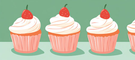 Three Playful Cartoon Cupcakes with Strawberry Toppings on a Vibrant Green Backgroundの素材