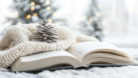 Cozy Winter Reading Open Book, Knit Blanket, and Festive Decor Create a Serene Atmosphere.の素材