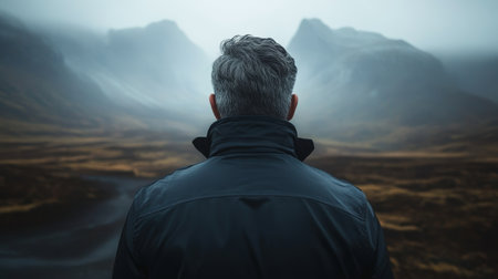 Lost in contemplation, a solitary man finds solace amidst the dramatic Icelandic wilderness.の素材
