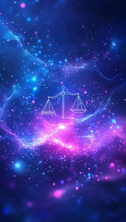 Neon Law And Justice, Vivid Court Symbols Abstract Purple Blue Banner Background Design With Glitterの素材