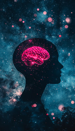 Human Head Silhouette with Glowing Pink Brain, Galaxy Background, Concept of Consciousnessの素材