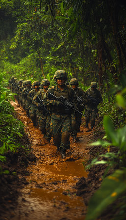 Jungle Warfare Training Soldiers in Formation Navigate Muddy Jungle Path, Military Exerciseの素材