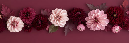 Floral Row on Mauve Burgundy, Pink, Garnet Blossoms Composition Background, Design Spaceの素材