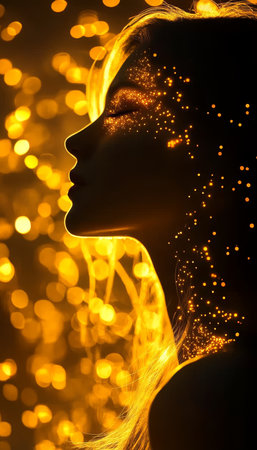 Woman, Silhouette, Profile, Flowing Particles, Golden Light, Magic, Mystery, Conceptual Artの素材