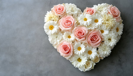 Romantic Heart Shaped Floral Arrangement with Pink Roses and White Daisies on Gray Backgroundの素材