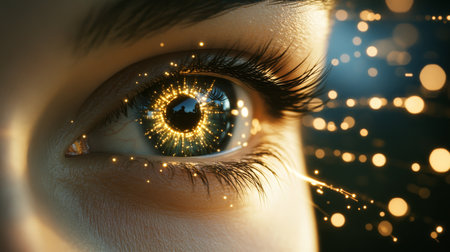 Future of Vision Close-up of Eye with Digital Sparkles, Ideal for Tech and Healthcareの素材