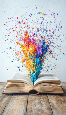 Open Book, Explosion Of Vibrant Paint Splatter, Artistic Inspiration, Education, Creativity Conceptの素材