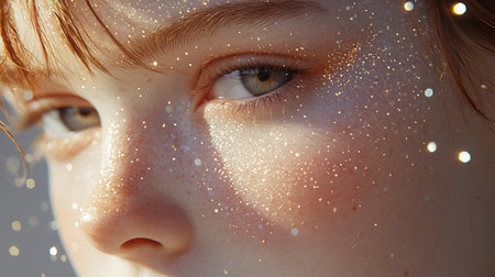 Close up portrait of a young girl with freckles and sunlit skin, beauty and skincare concept.の素材
