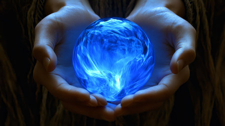 Mystical Energy Blue Orb Glowing Power in Hands, Abstract Spiritual Concept, Stock Photoの素材