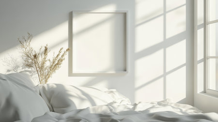 Minimalist Bedroom Interior, Blank Frame Mockup, Sunlight Shadow, Cozy Bed, Dried Flower Decorの素材