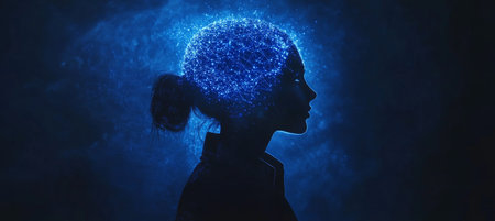 Human Brain Network, Silhouette Of A Woman With Glowing Neural Connections On Blue Backgroundの素材