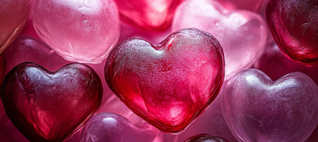 Valentine s Day Background Close-Up of Glistening, Heart-Shaped Candies in Romantic Huesの素材