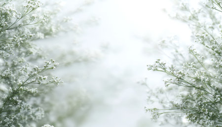Delicate White Flowers on Blurred Background, Soft Focus Floral Design, Minimalistic Natural Beautyの素材