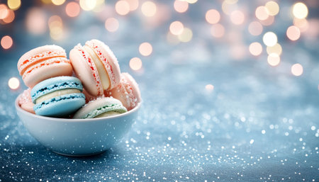 Sweet Macaron Dessert Colorful French Macarons in Bowl against a Sparkling Backgroundの素材