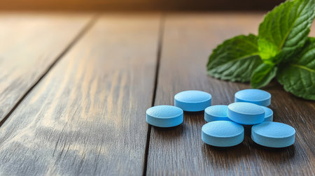 Blue Pills and Mint Concept of Natural Remedies, Healthcare, and Wellness With Copy Spaceの素材