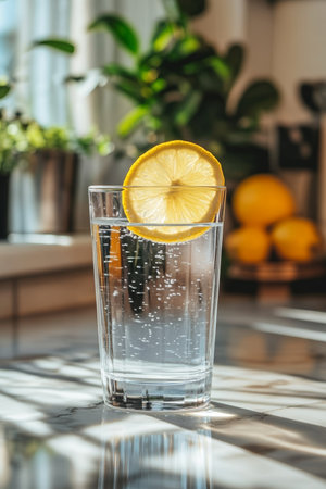 Refreshing Hydration Glass of Sparkling Water with Lemon Slice on Sunlit Marble Countertopの素材