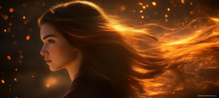 Profile of Young Woman, Long Hair Flowing with Golden Light Particle Trails, Cinematic Portraitの素材