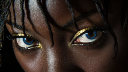 Gaze. Blue Eyes, Golden Accents, Beauty Closeup, Studio Portrait, Black Woman, African Americanの素材