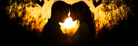 Silhouette Of Love. Romantic Couple s Intimate Moment At Golden Sunset. Trees Frame Their Love.の素材