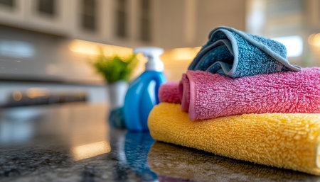 Stacked Colorful Cleaning Cloths Household Cleaning Concept With Cleaning Supplies On Countertopの素材