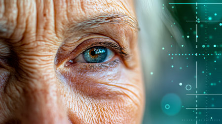 Senior Woman, Close Up Portrait, Contemplative Gaze, Wrinkles, Aging, Healthcare, Blue Eyesの素材