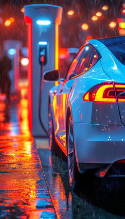 White Electric Car Charging at a Public Station, Night City Lights, Sustainable Transportationの素材