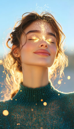 Young Woman with Golden Light Concept of Enlightenment, Spirituality, and Inner Peace.の素材