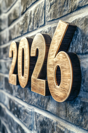 Wooden Number 2026 Mounted on Rustic Blue Brick Wall, Representing New Year or Future Dateの素材