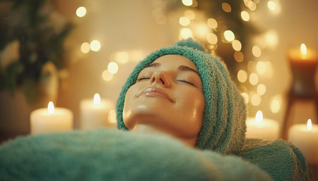 Serene Spa Moment Young Woman Indulges in Facial Treatment Surrounded by Candlelight.の素材