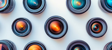 Collection of Different Camera Lenses Isolated on a White Background, Photography Equipment Conceptの素材