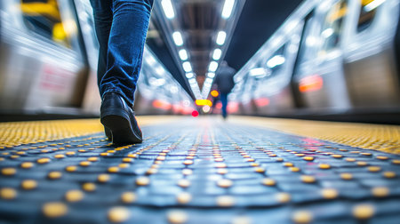Urban Commute Subway Passenger Walking on Textured Platform Tiles, with Motion Blur.の素材