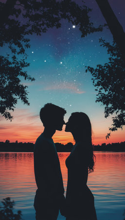 Silhouette, Romantic Couple, Sunset, Lake, Love, Romance, Tender, Togetherness, Frameの素材