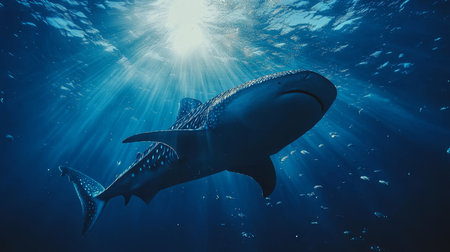 Majestic Whale Shark Gracefully Glides Through Sunlit Ocean Depths, Abundant Marine Life Surroundingの素材