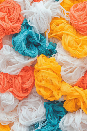 Vibrant Summer Hues A Tangled Tapestry of Delicate Yarn in Turquoise, Coral, Yellow, and Whiteの素材