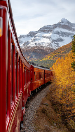 Luxury Train Journey Through Majestic, Snow-Capped Mountains, Autumn Railroad Adventureの素材