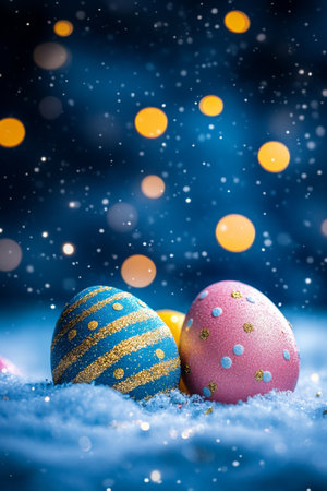 Festive Easter Eggs on Blue Glitter Background, Easter Decoration, Spring Holiday Celebrationの素材