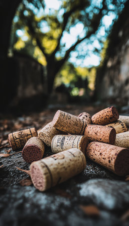 Discarded Wine Corks An Evocative Pile on Natural Stone, Hints of Celebration and Tranquility.の素材