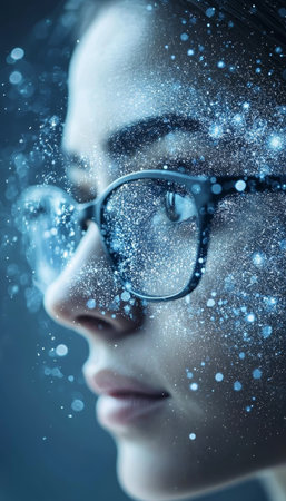 Magical Gaze Woman With Glasses, Bokeh, Sparkling Overlay. Modern Fashion Portrait Close-Upの素材
