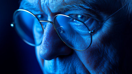 Close-up Portrait, Senior Mans Eye Behind Glasses, Contemplative Expression, Blue Lightingの素材