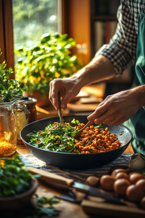 Hands combine lentils and vegetables in a black bowl, healthy cooking with fresh ingredients.の素材