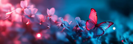 Beautiful Butterfly with Vibrant Fuchsia and Teal Wings Rests on a Flower in a Dreamy Gardenの素材