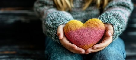 Child s Hands Holding A Handmade Yellow And Pink Heart, Symbol Of Hope, Love, And Support.の素材