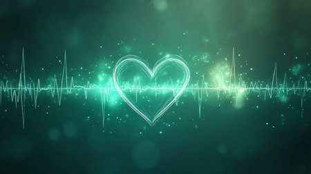 Soothing Green Healthcare Background with Heartbeat Symbol, Abstract Medical, Defocused Tranquilityの素材