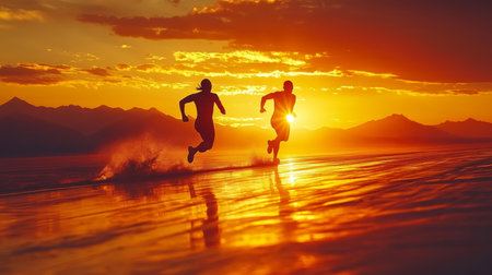 Reaching New Horizons Determined Athletes Sprint Across Reflective Water Surface At Sunsetの素材