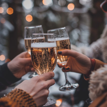 Celebrating Friendship During Winter Joyous Celebration with Sparkling Wine and Festive Lightsの素材