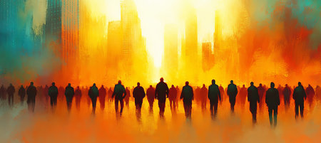 Journey to a Bright Future, Silhouettes Walking Towards a City Skyline Bathed in Golden Lightの素材