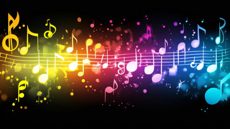 Colorful Music Notes And Symbols On Black Background, Concept For Music, Entertainment And Artsの素材