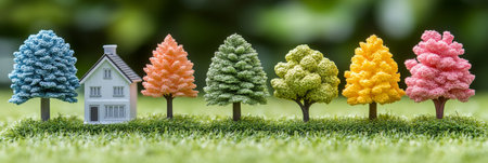 Miniature House Between Colorful Miniature Trees on Green Grass, Home Ownership Conceptの素材
