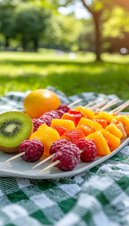 Fresh Fruit Skewers on a Blanket A Vibrant and Healthy Summer Picnic Treat in the Parkの素材